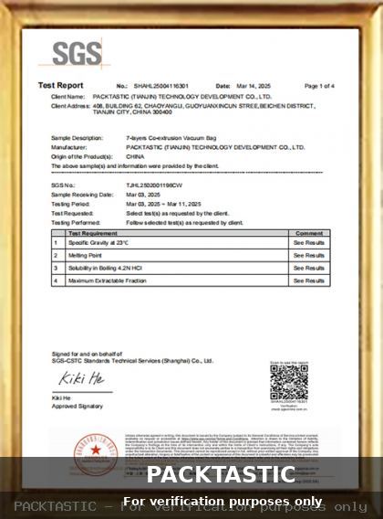 SGS food contact material testing report for vacuum bags