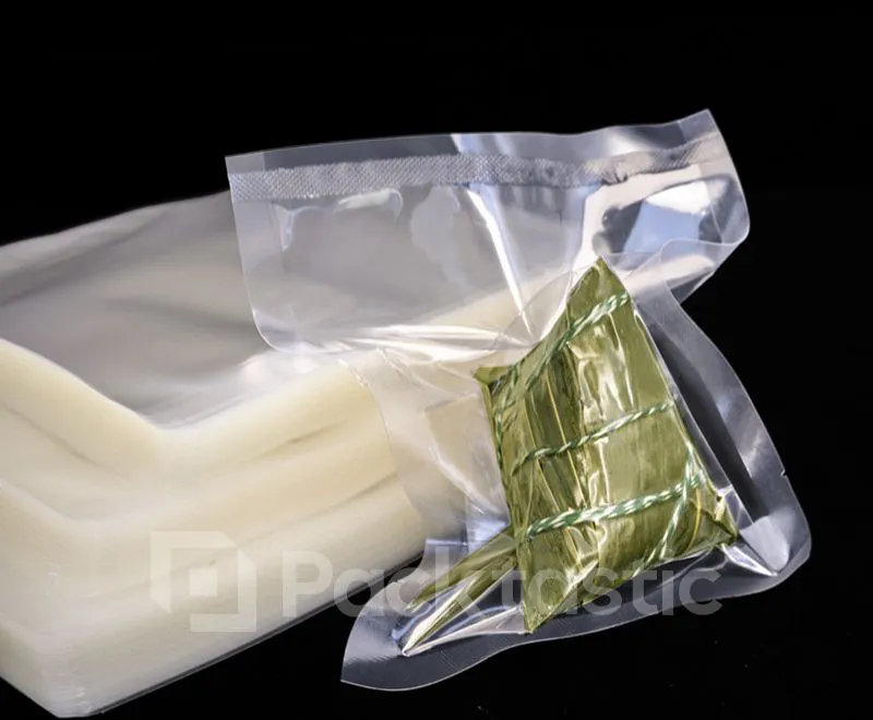 Clear polyester vacuum bags for sealing and storing fresh or frozen food products.